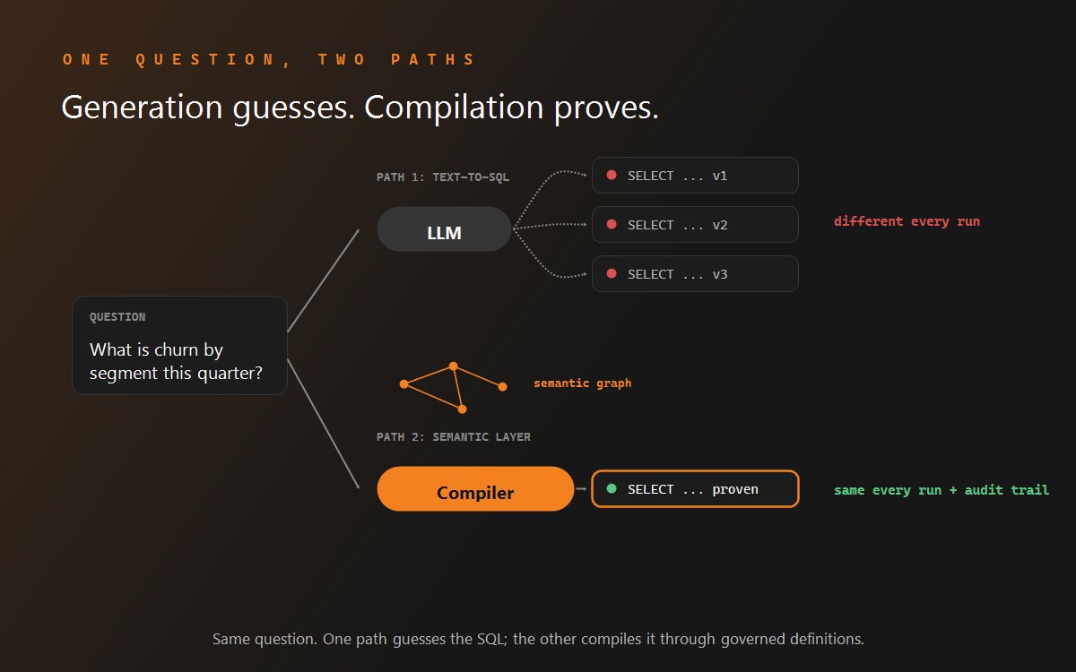 One question, two paths: an LLM generating three different SQL variants versus a compiler producing one proven query.